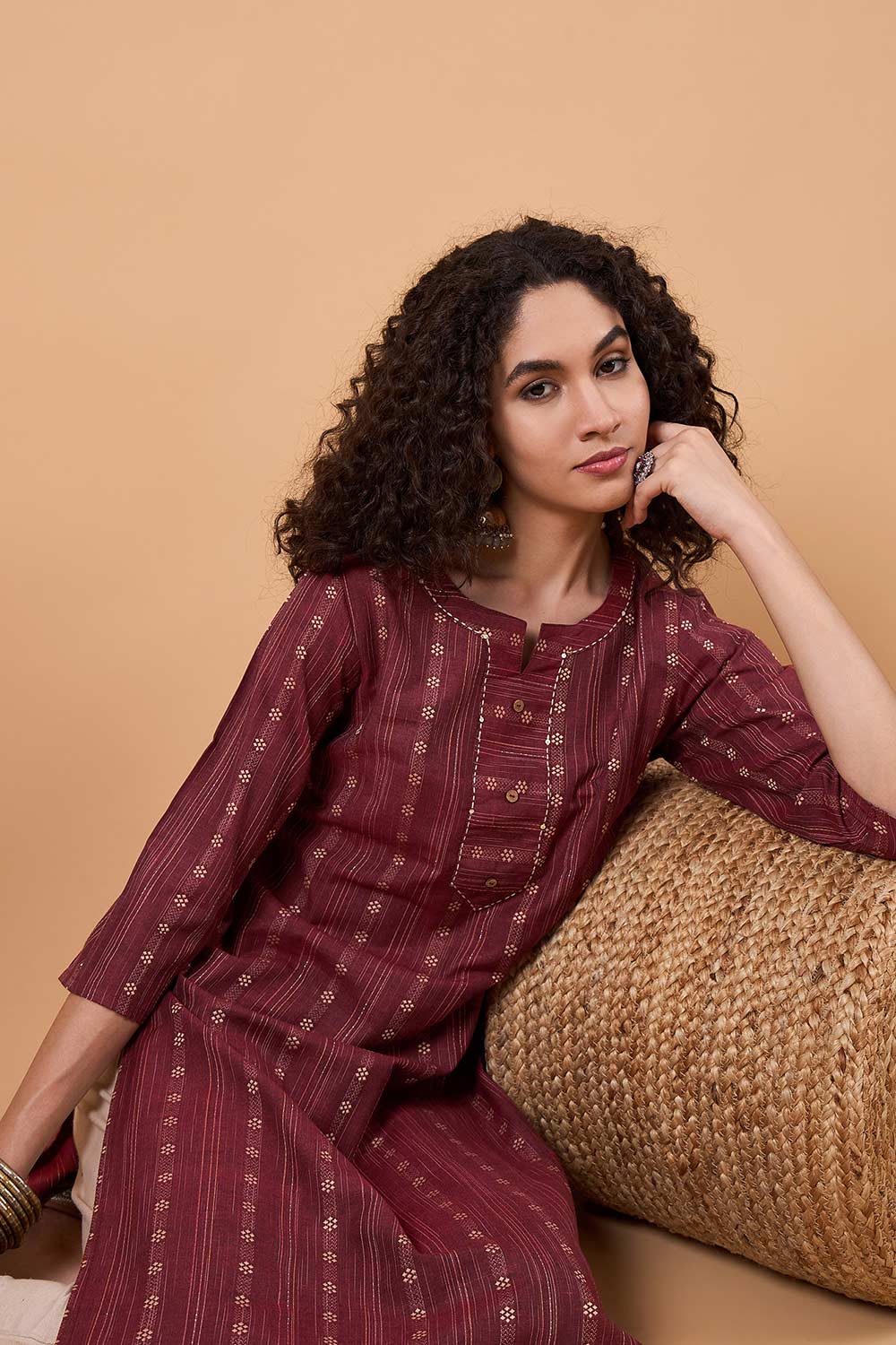 Women's Maroon Cotton Printed Kurta Set