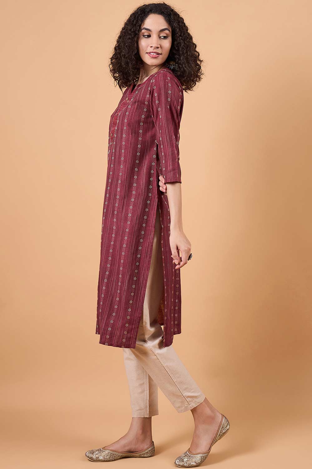 Women's Maroon Cotton Printed Kurta Set