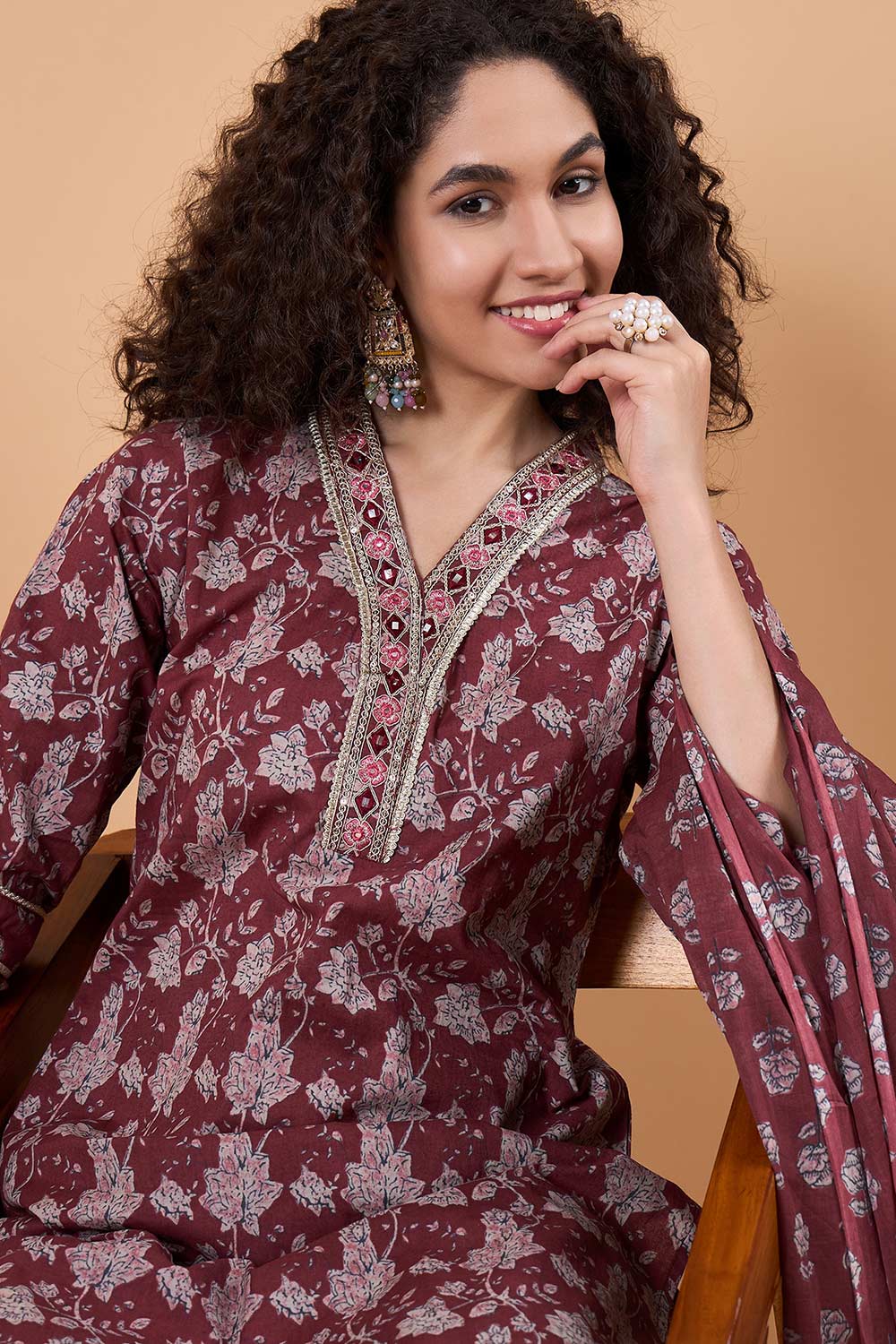 Women's Maroon Cotton Printed Kurta Set