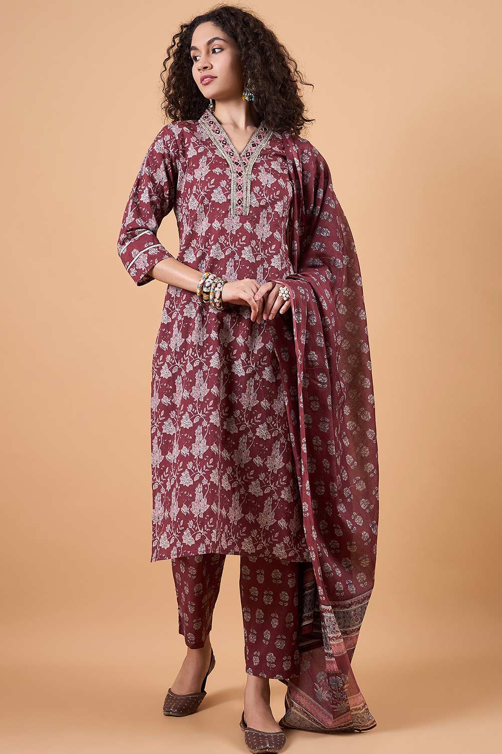 Women's Maroon Cotton Printed Kurti Set