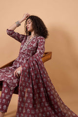 Women's Maroon Cotton Printed Kurti Set