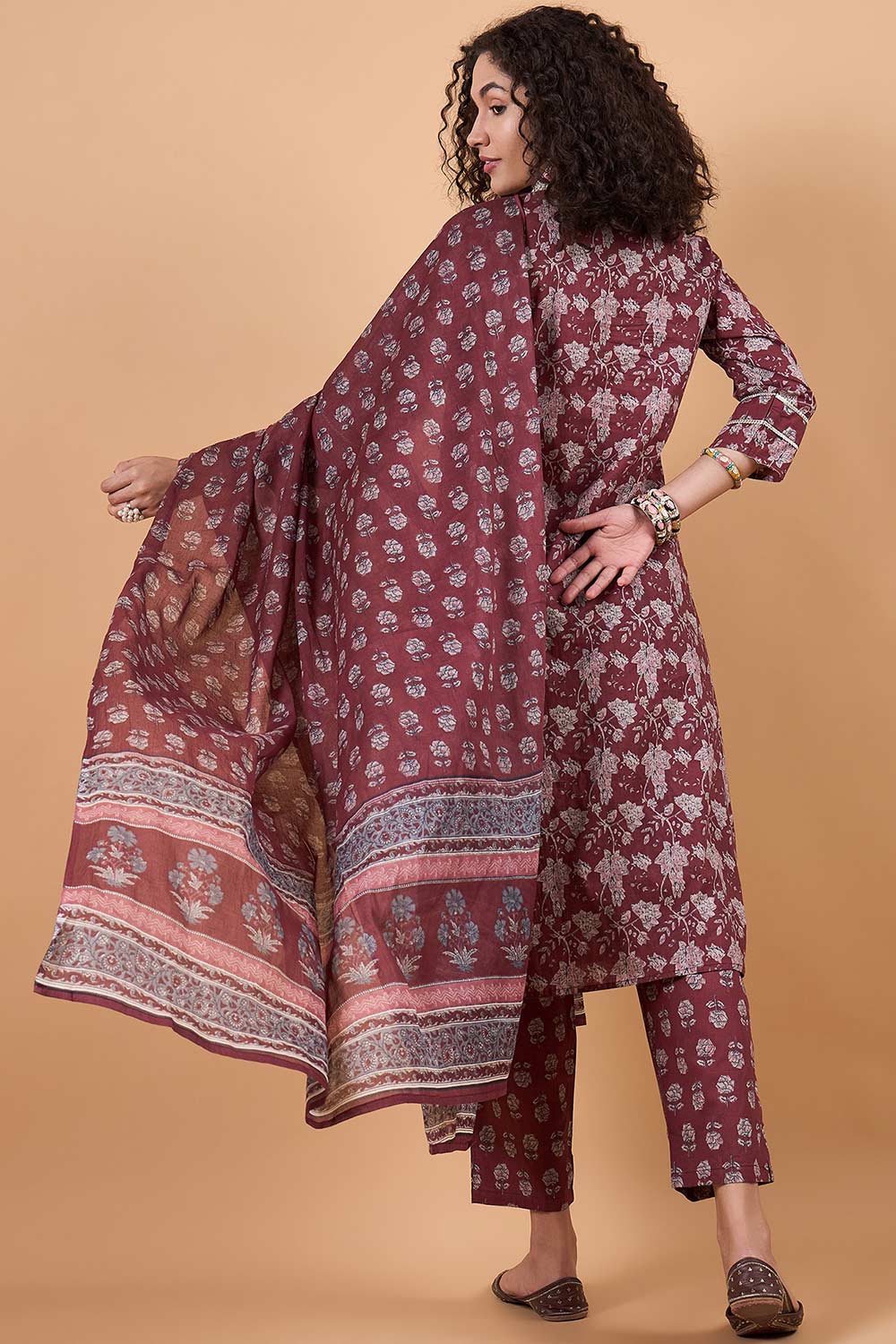 Women's Maroon Cotton Printed Kurta Set