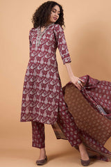 Women's Maroon Cotton Printed Kurti Set