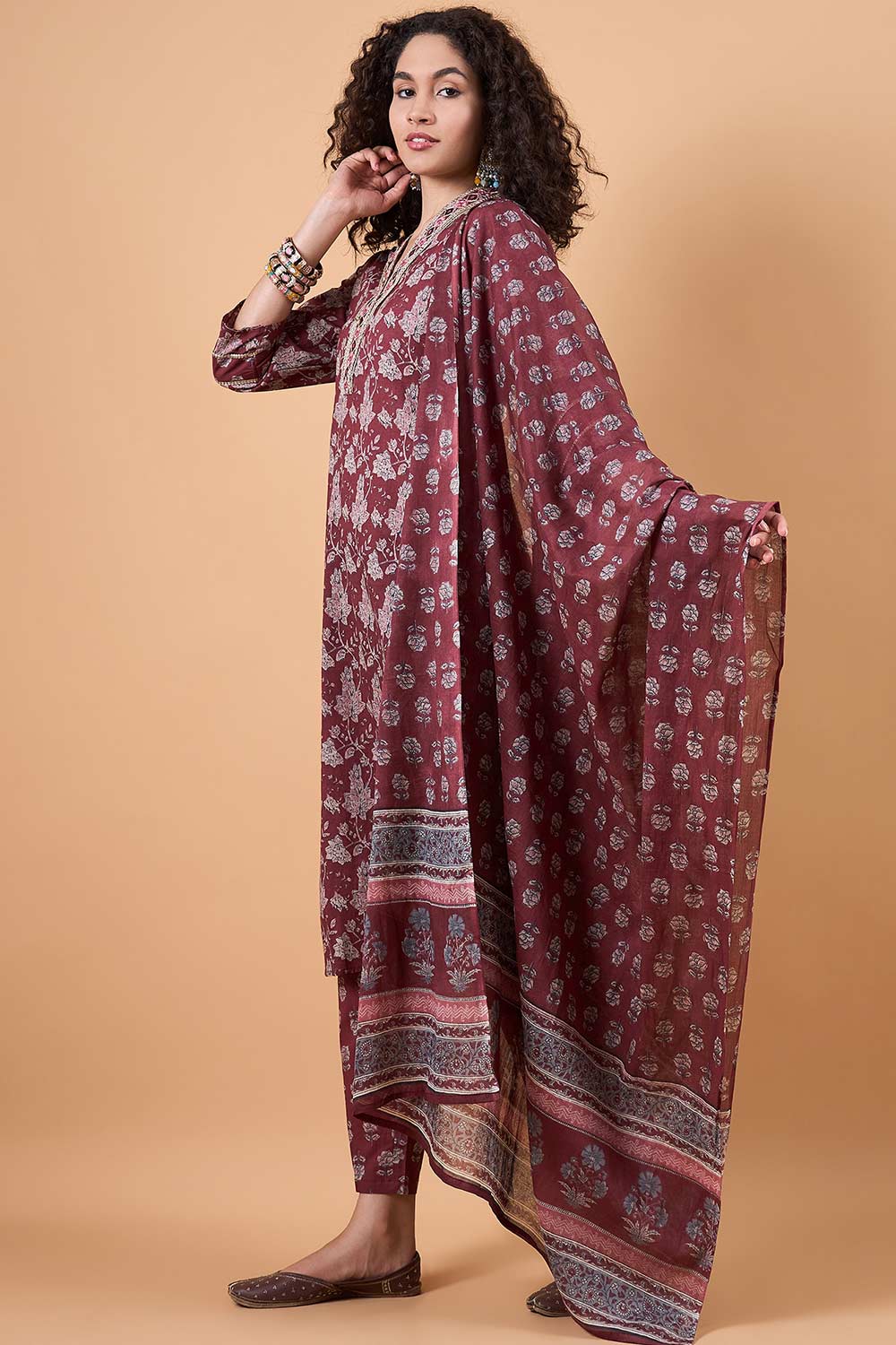 Women's Maroon Cotton Printed Kurti Set