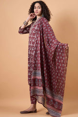 Women's Maroon Cotton Printed Kurta Set