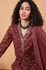 Women's Maroon Cotton Printed Kurti Set