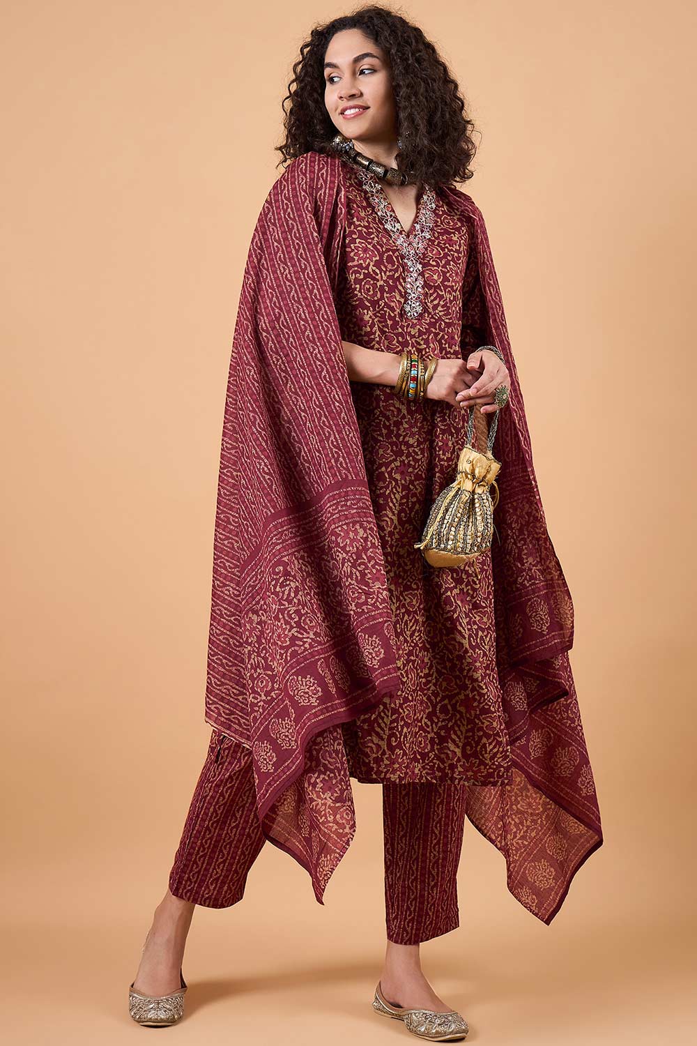 Women's Maroon Cotton Printed Kurta Set