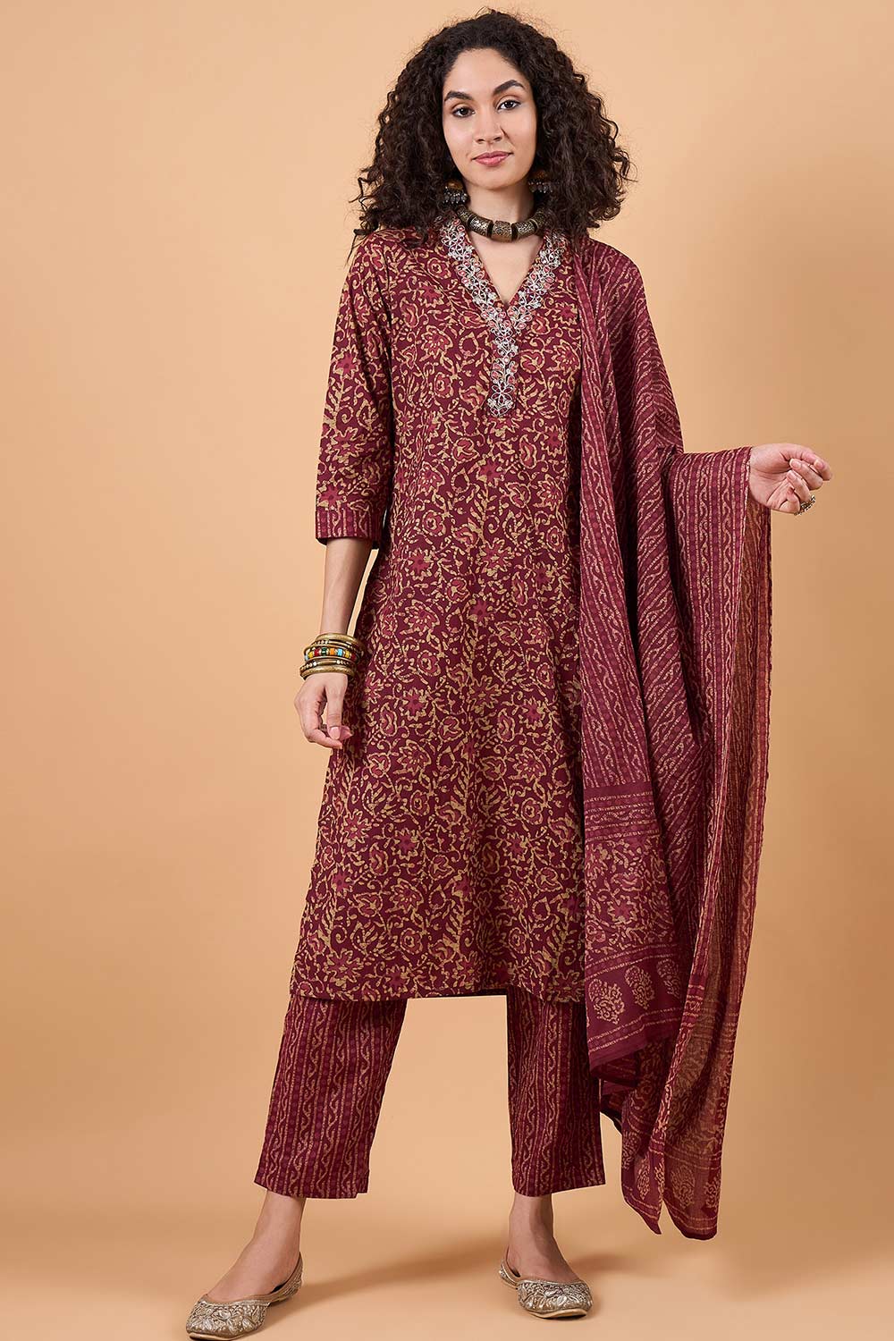 Women's Maroon Cotton Printed Kurti Set