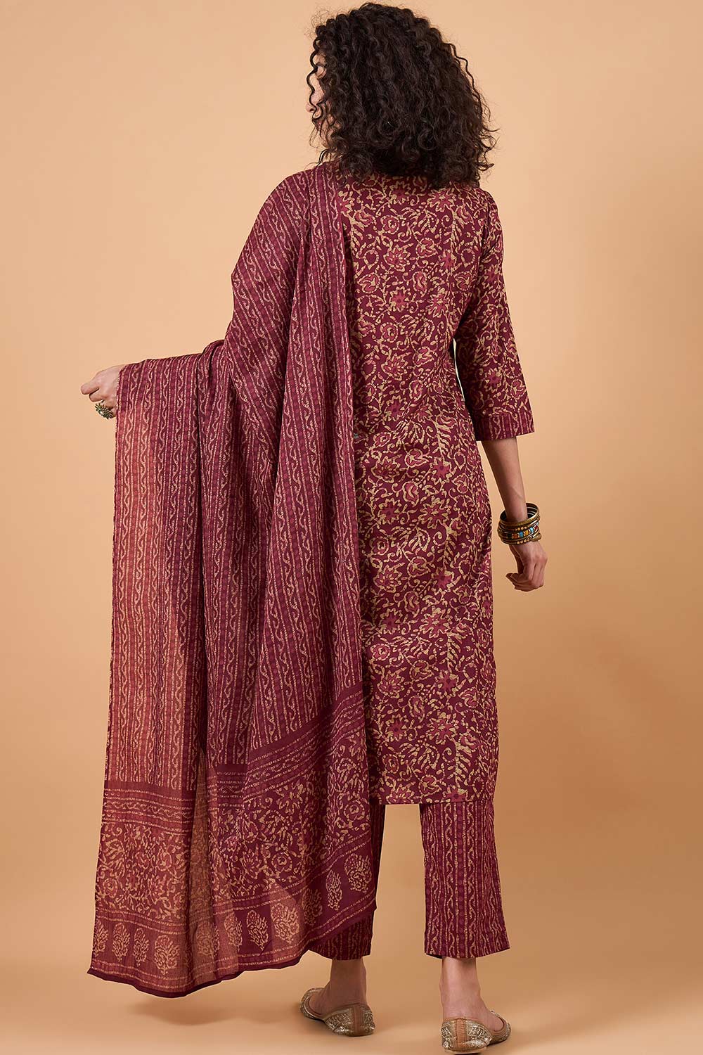 Women's Maroon Cotton Printed Kurta Set