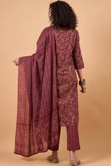 Women's Maroon Cotton Printed Kurti Set