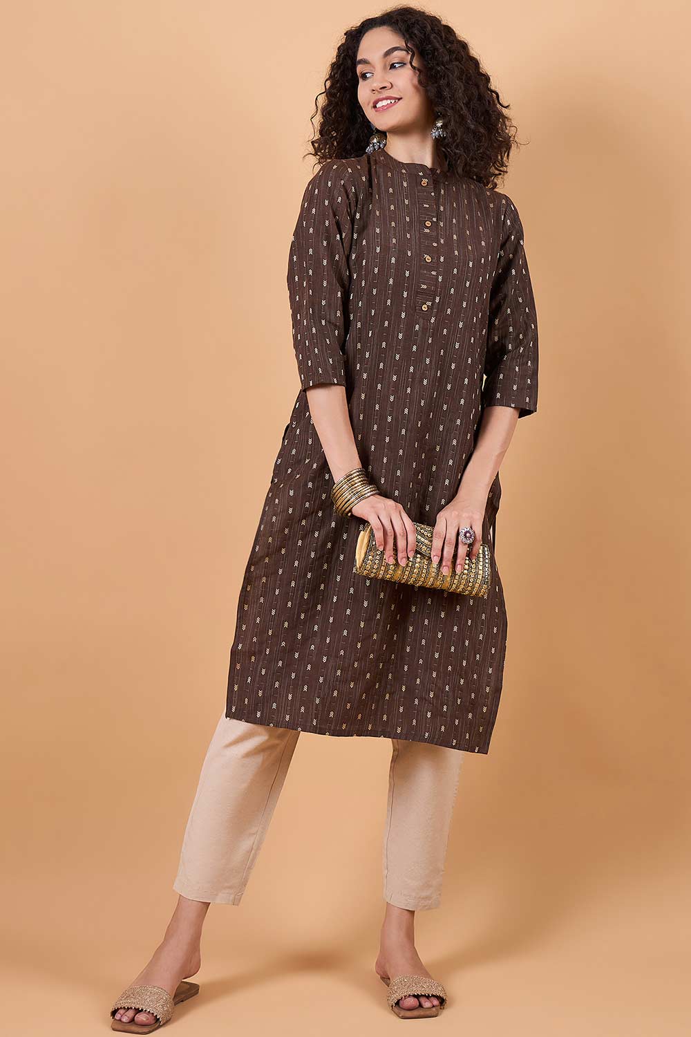 Women's Brown Cotton Printed Kurti Set