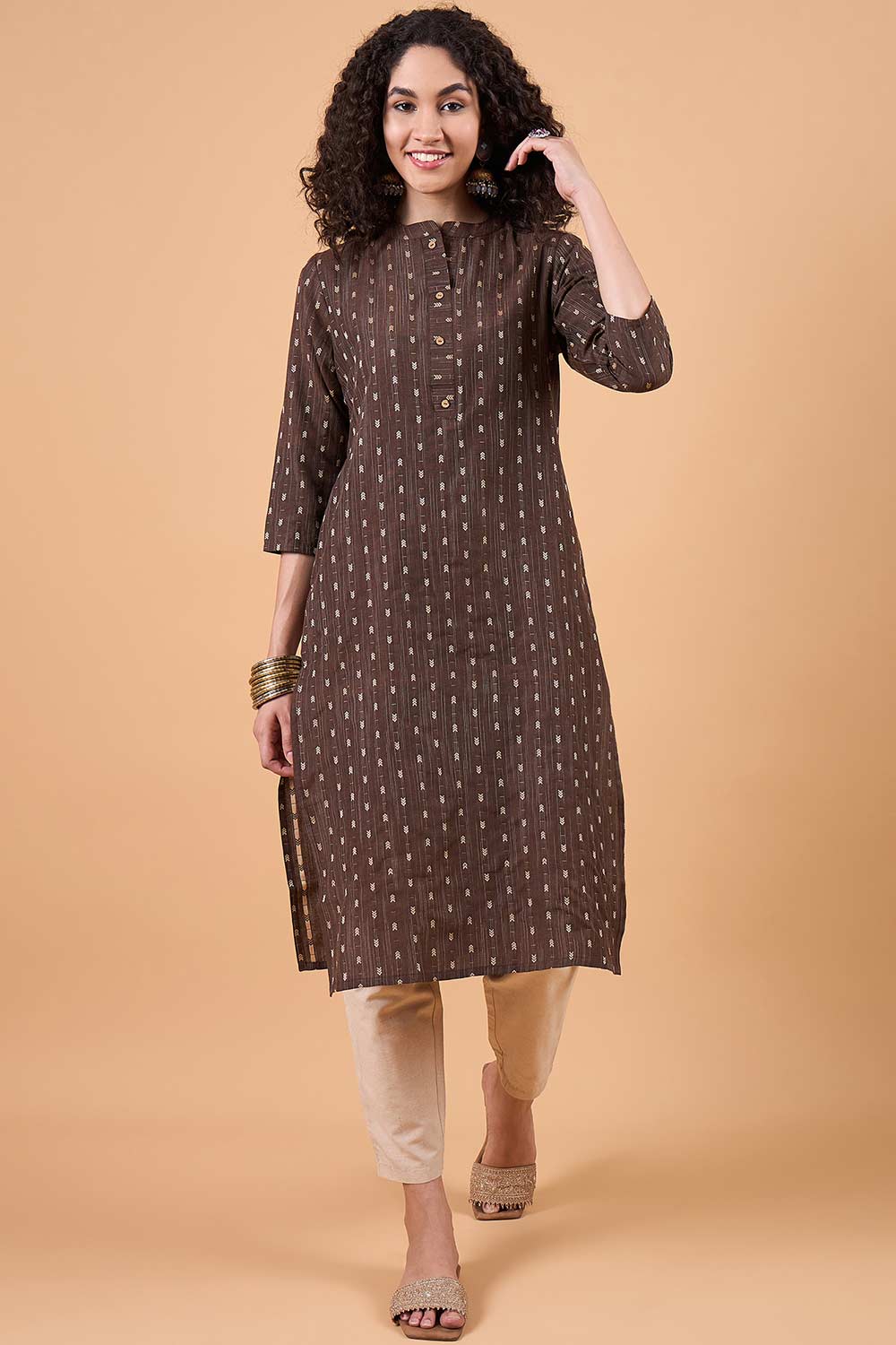 Women's Brown Cotton Printed Kurta Set