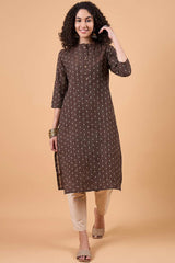 Women's Brown Cotton Printed Kurti Set