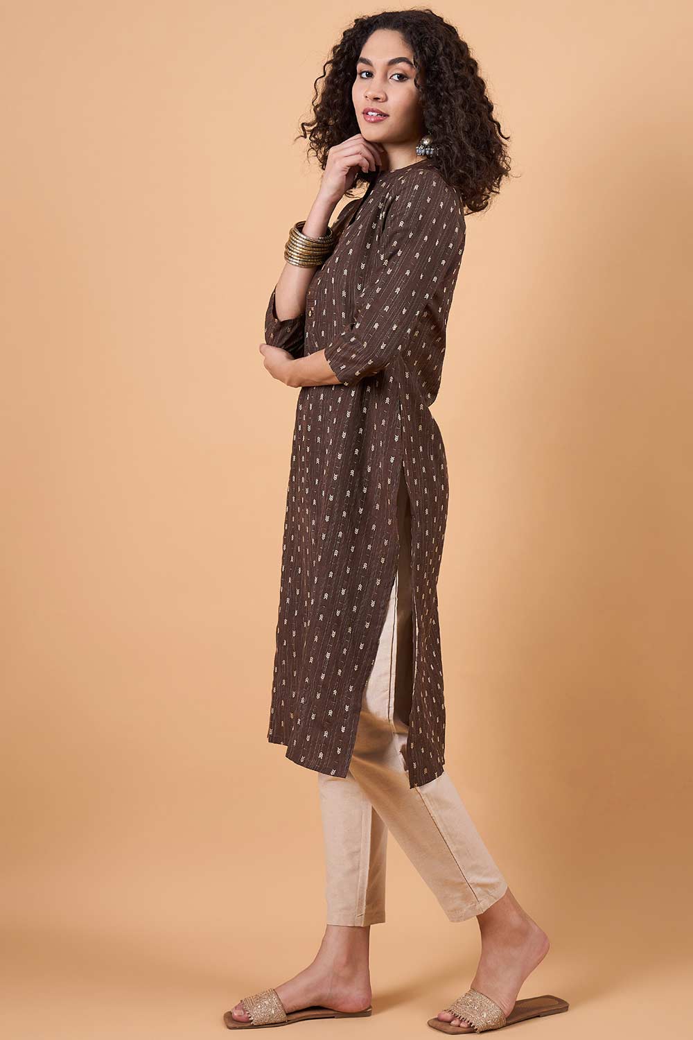 Women's Brown Cotton Printed Kurta Set