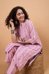 Women's Pink Cotton Printed Kurti Set