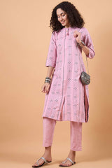 Women's Pink Cotton Printed Kurti Set