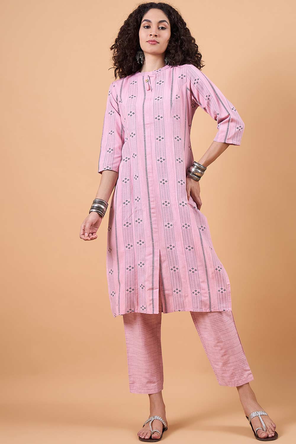 Women's Pink Cotton Printed Kurti Set