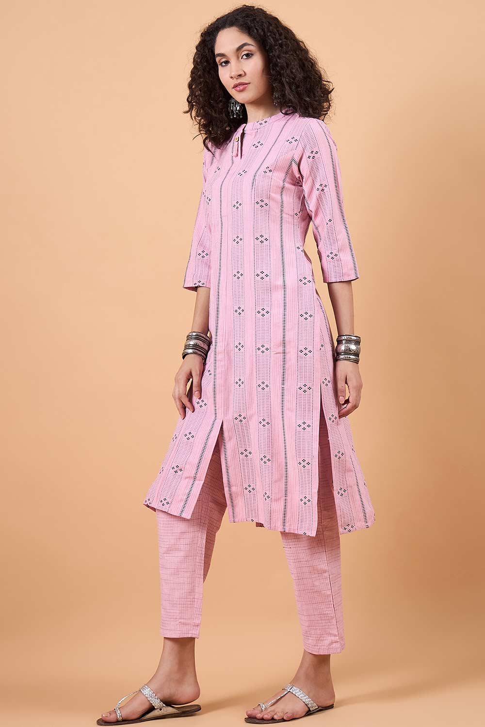 Women's Pink Cotton Printed Kurta Set