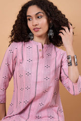 Women's Pink Cotton Printed Kurti Set