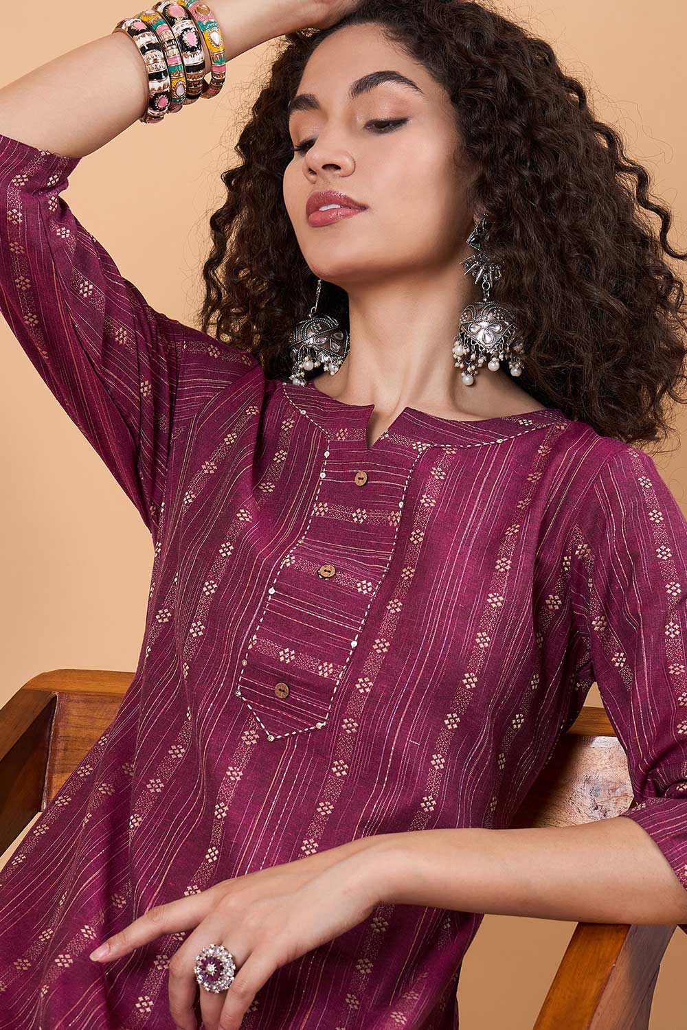 Women's Magenta Cotton Printed Kurti Set