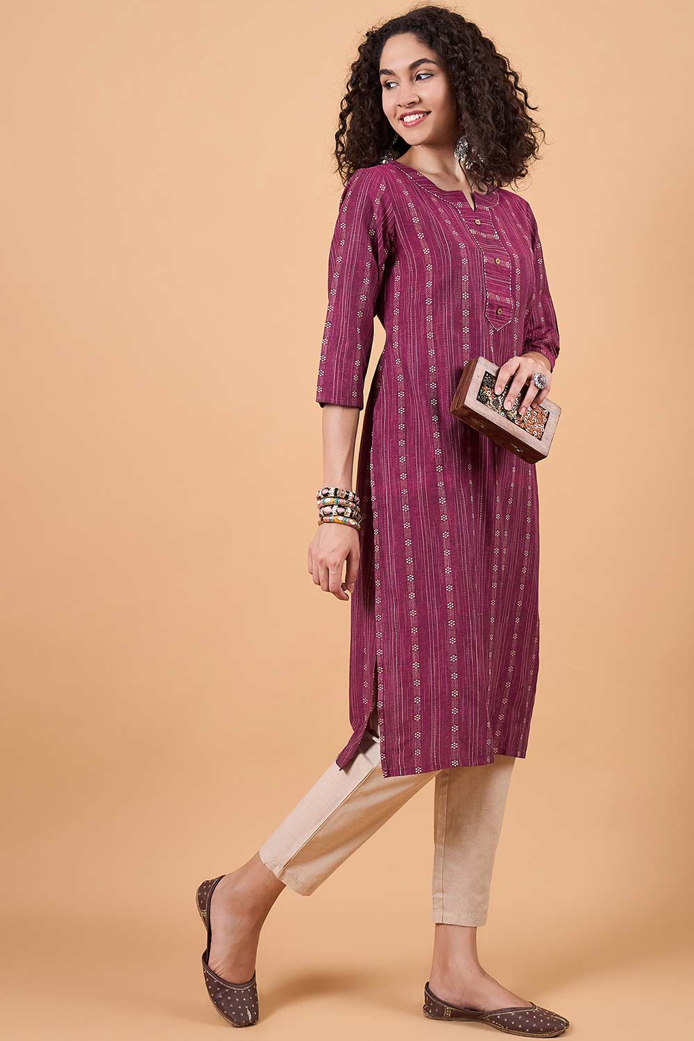 Women's Magenta Cotton Printed Kurti Set