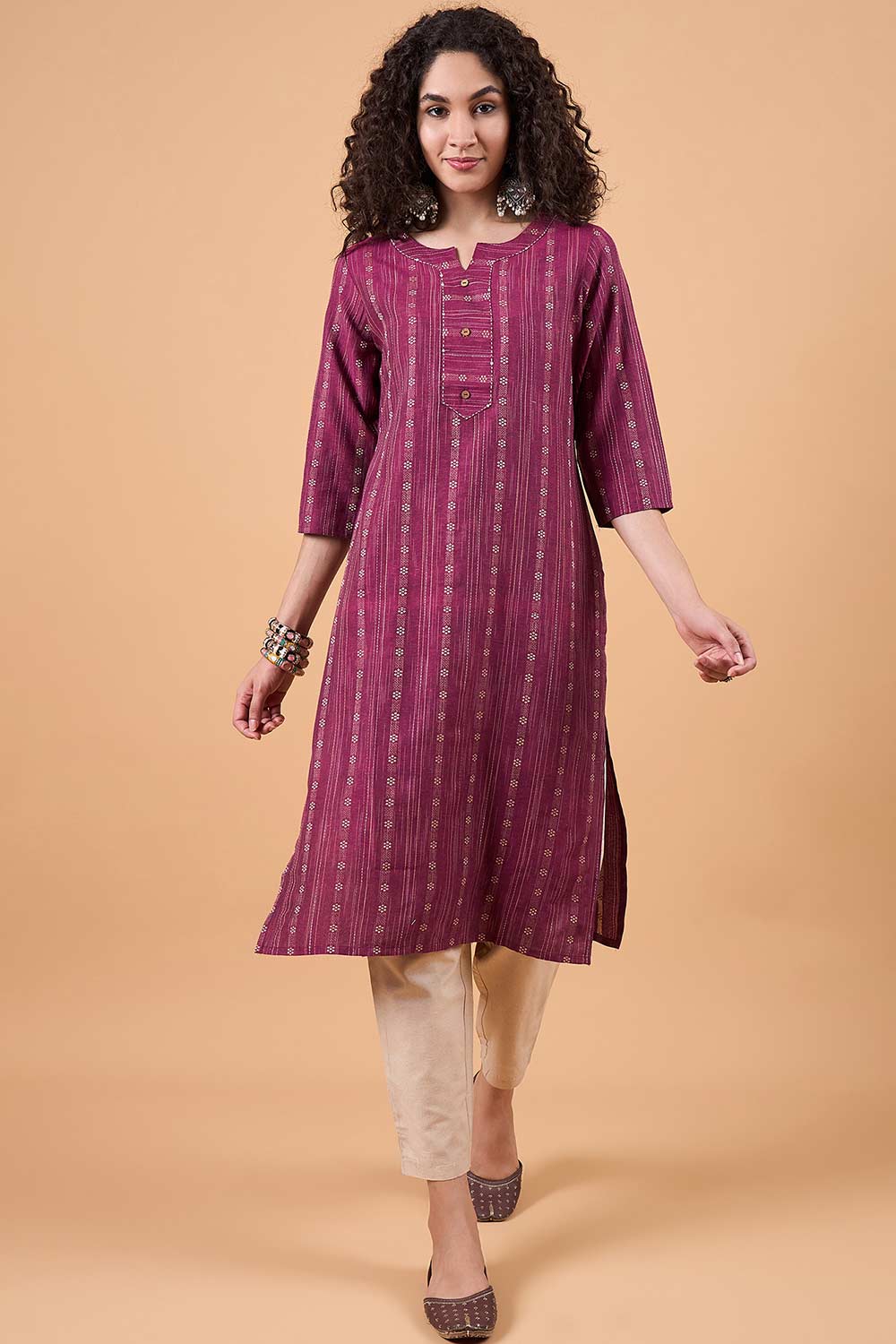 Women's Magenta Cotton Printed Kurti Set