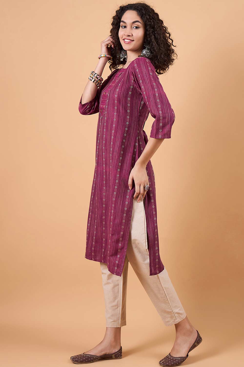 Women's Magenta Cotton Printed Kurti Set