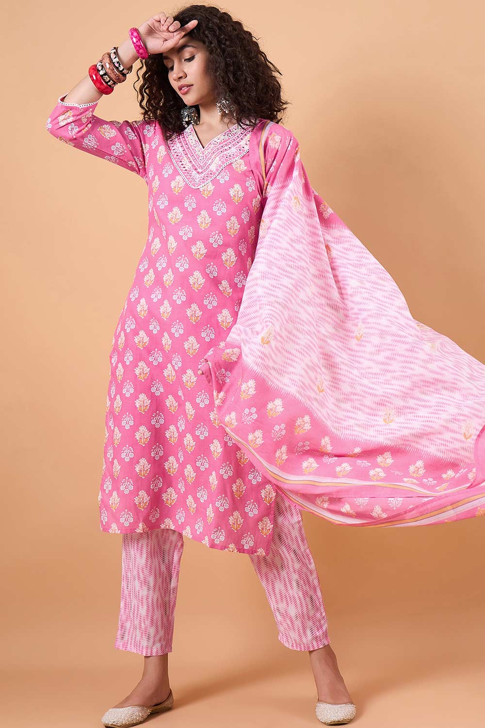 Women's Pink Cotton Printed Kurti Set