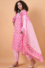 Women's Pink Cotton Printed Kurta Set