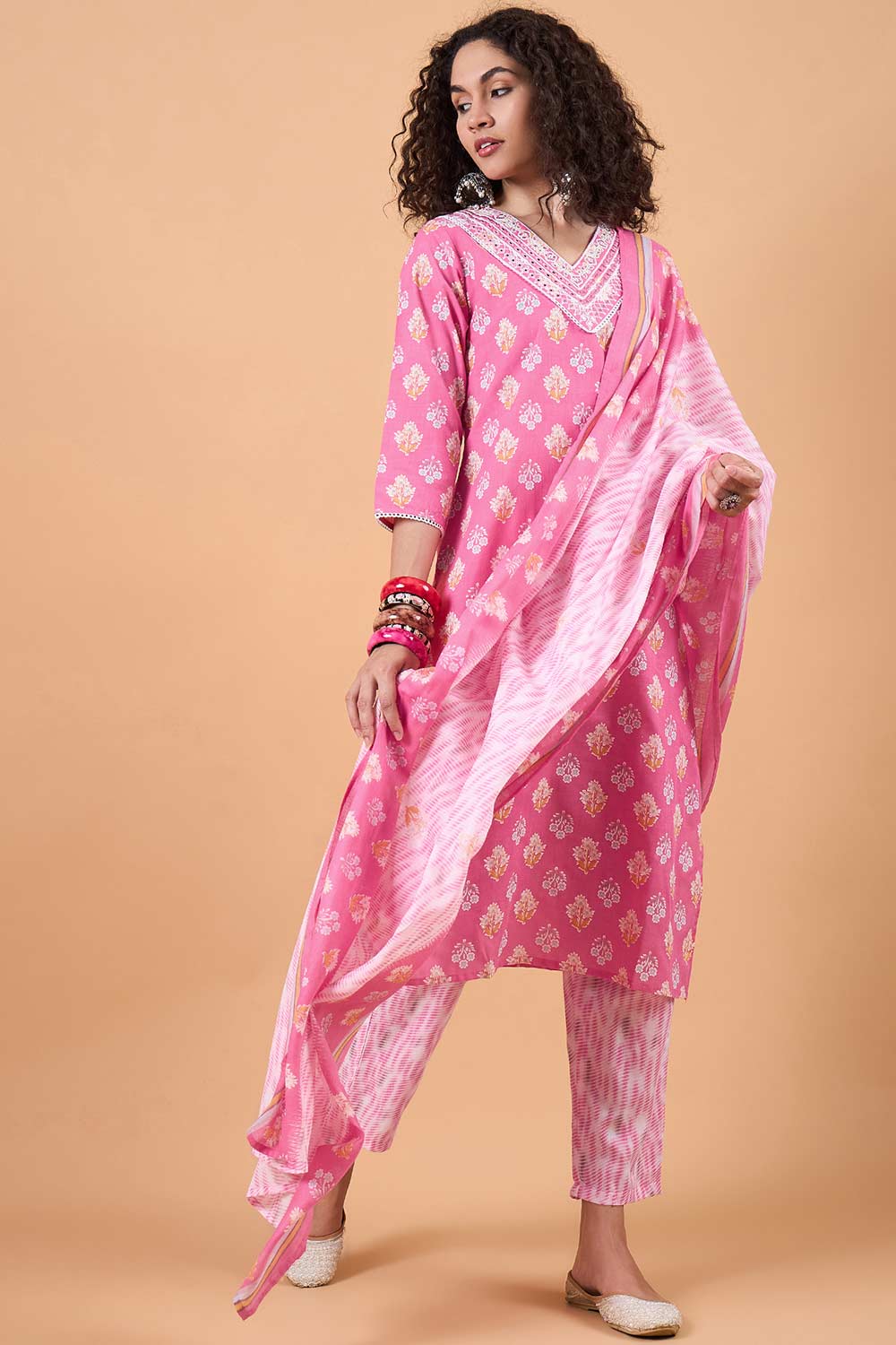 Women's Pink Cotton Printed Kurti Set