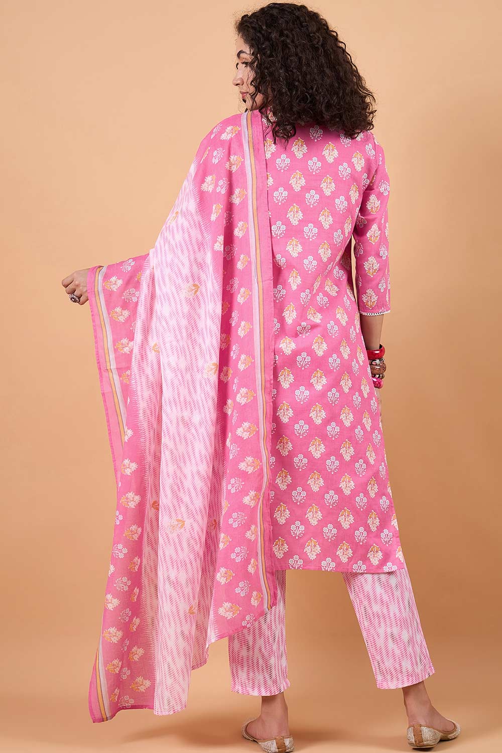 Women's Pink Cotton Printed Kurta Set