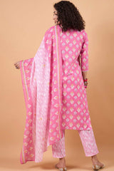 Women's Pink Cotton Printed Kurti Set