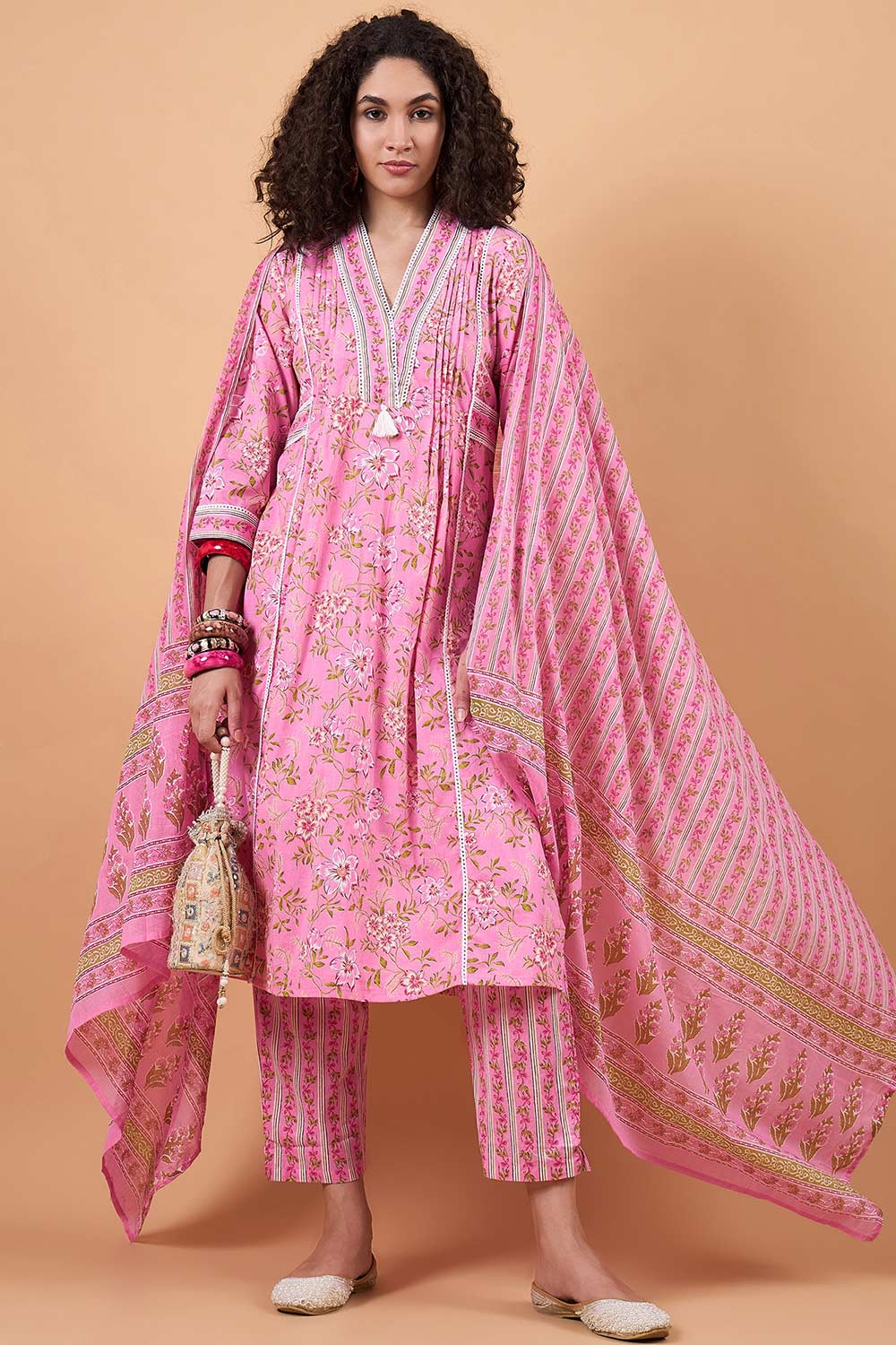 Women's Pink Cotton Printed Kurti Set