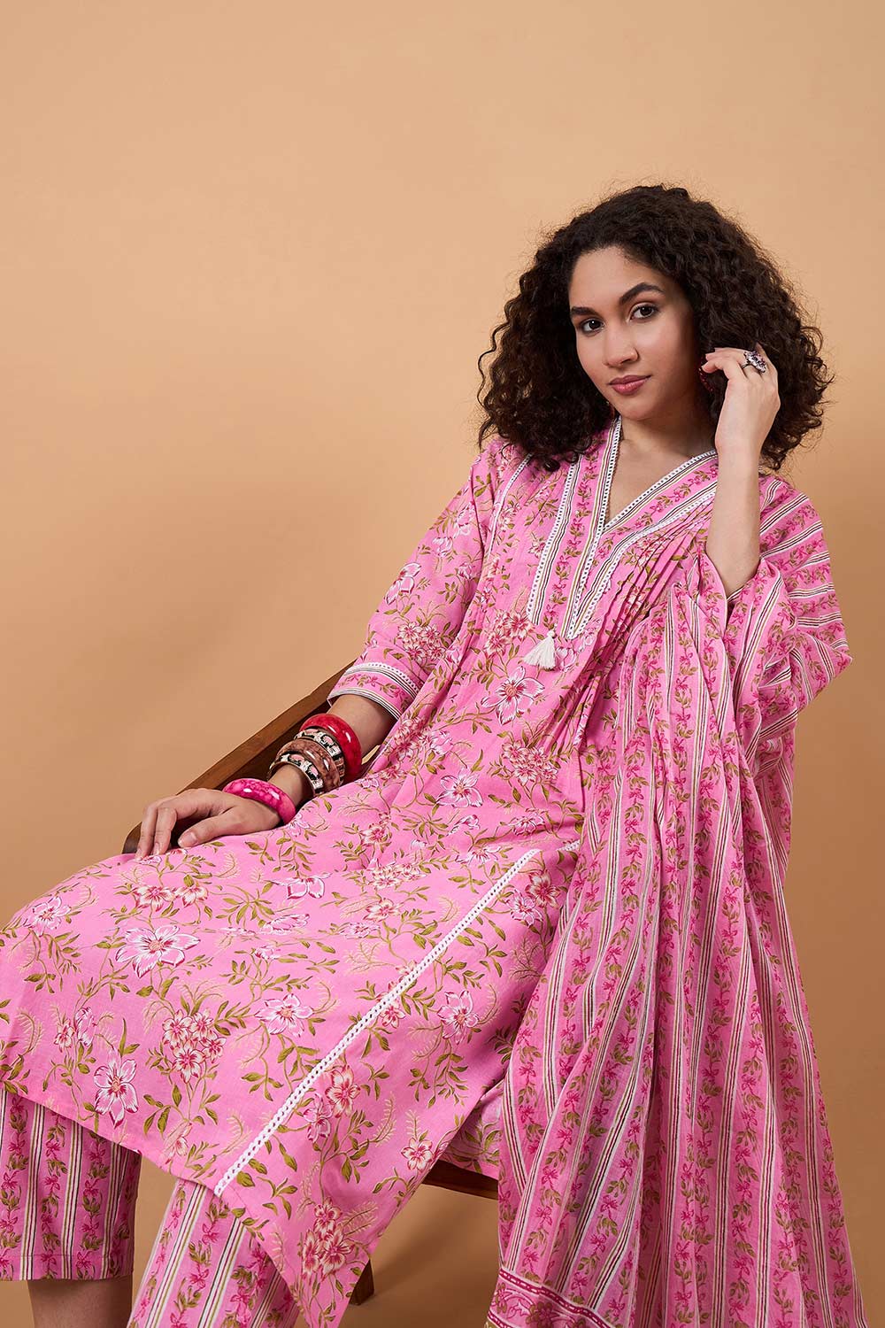 Women's Pink Cotton Printed Kurti Set