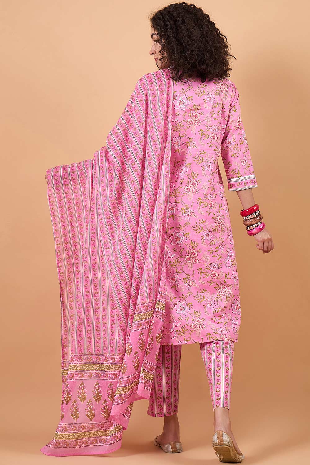 Women's Pink Cotton Printed Kurti Set