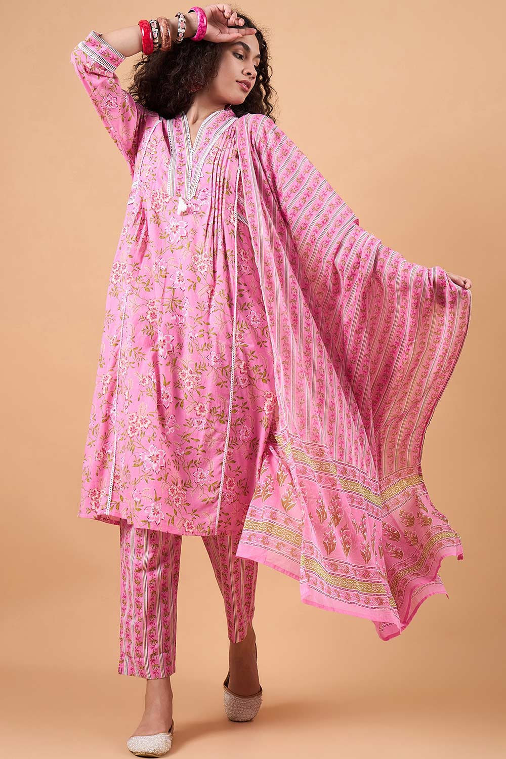 Women's Pink Cotton Printed Kurta Set