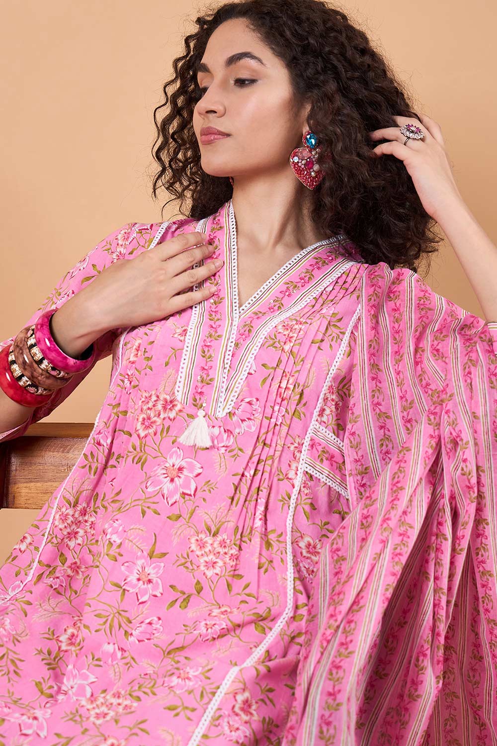 Women's Pink Cotton Printed Kurti Set