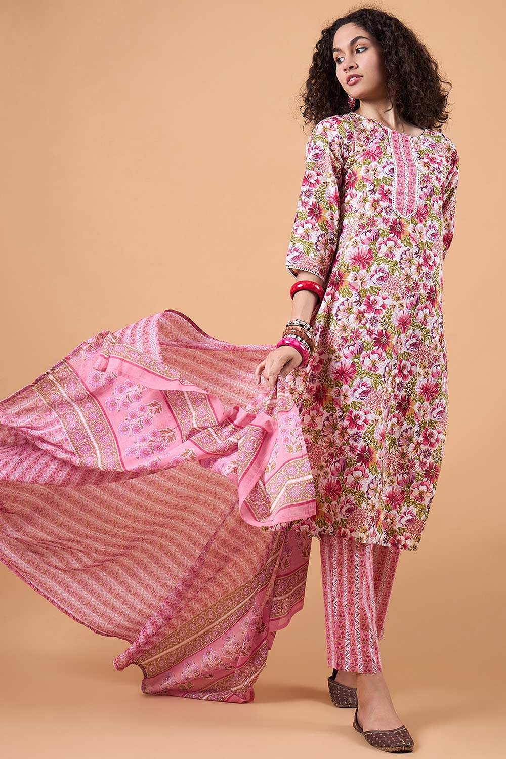 Women's Pink Cotton Printed Kurta Set