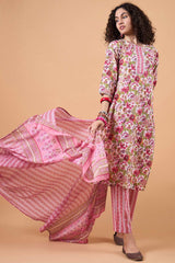 Women's Pink Cotton Printed Kurti Set