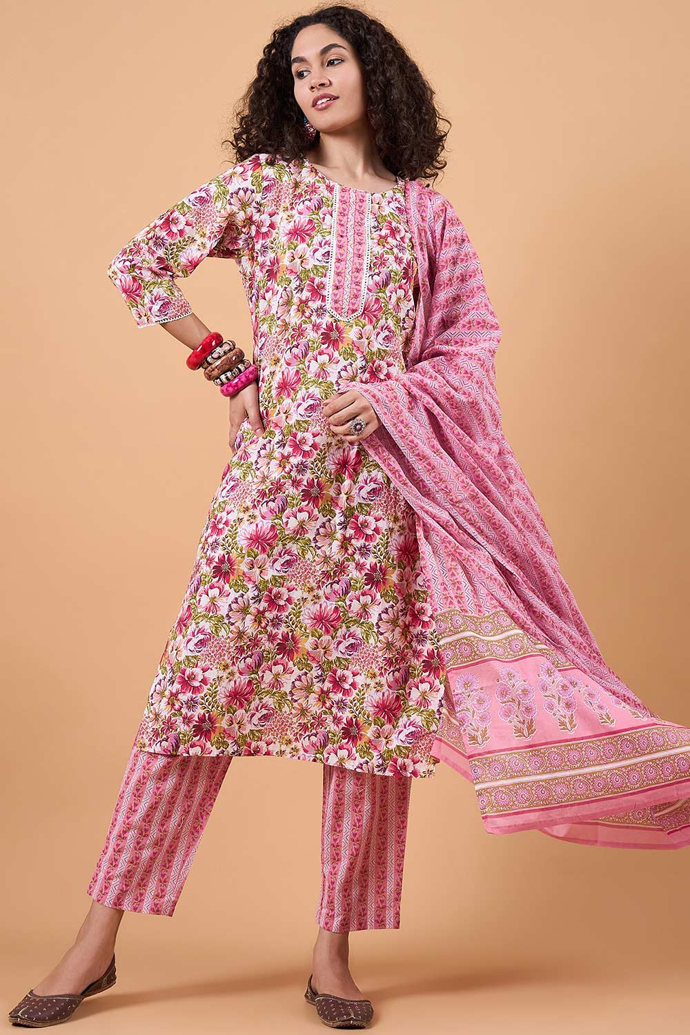 Women's Pink Cotton Printed Kurti Set