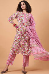 Women's Pink Cotton Printed Kurta Set