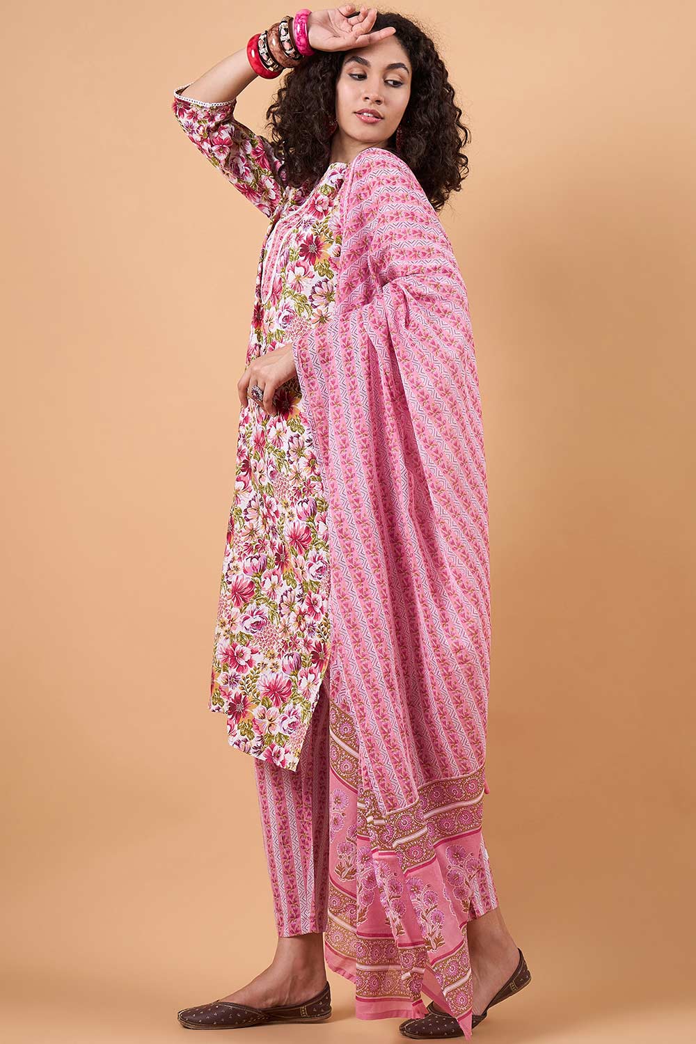 Women's Pink Cotton Printed Kurti Set