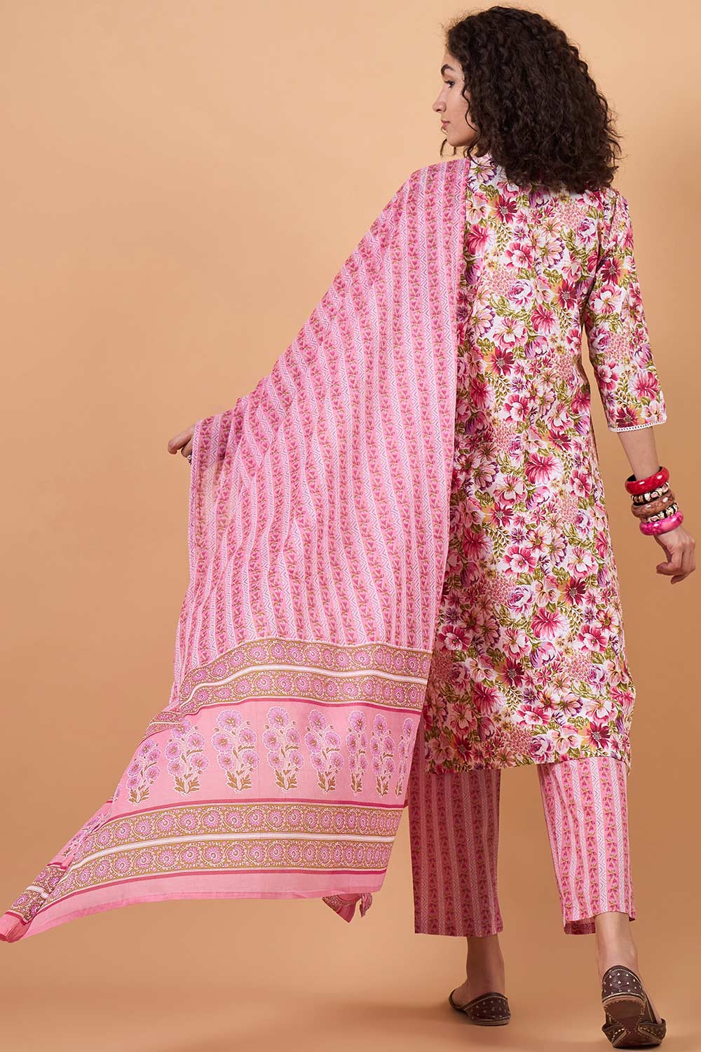 Women's Pink Cotton Printed Kurta Set