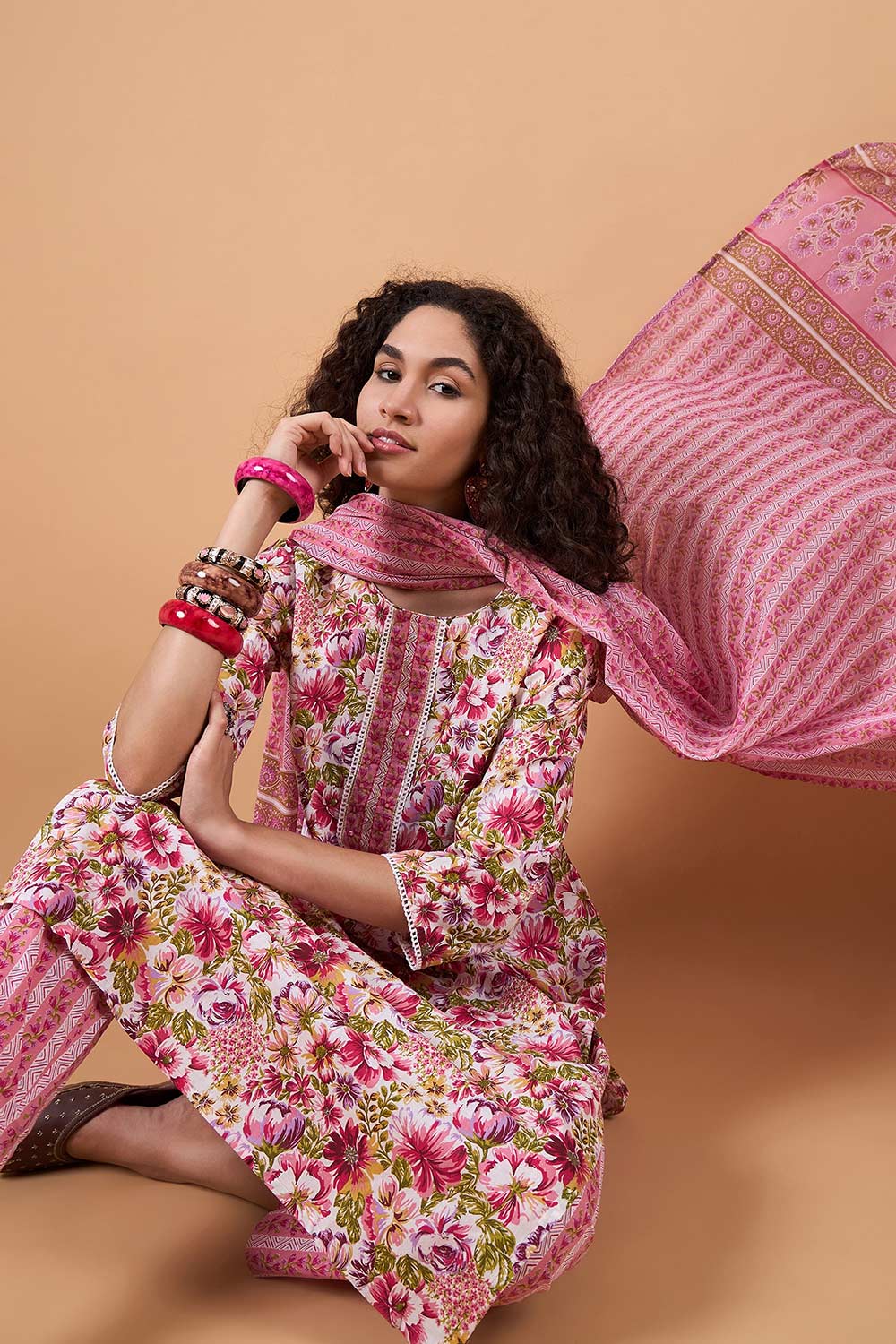 Women's Pink Cotton Printed Kurta Set