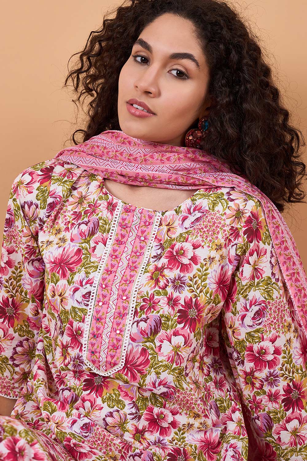 Women's Pink Cotton Printed Kurti Set