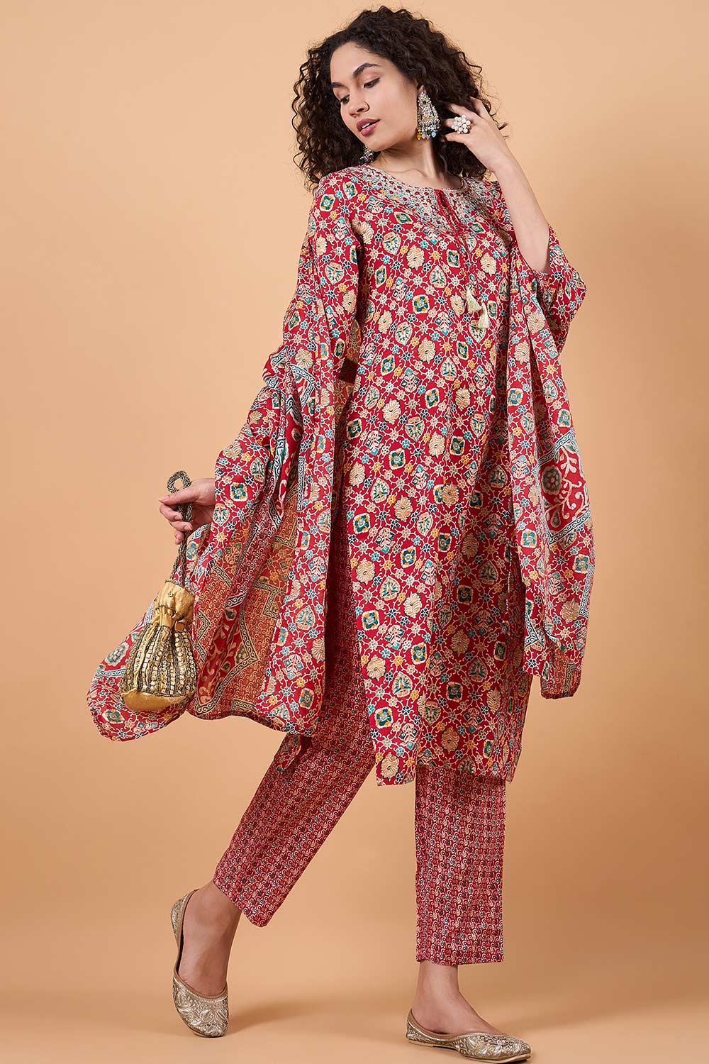 Women's Red Cotton Printed Kurti Set