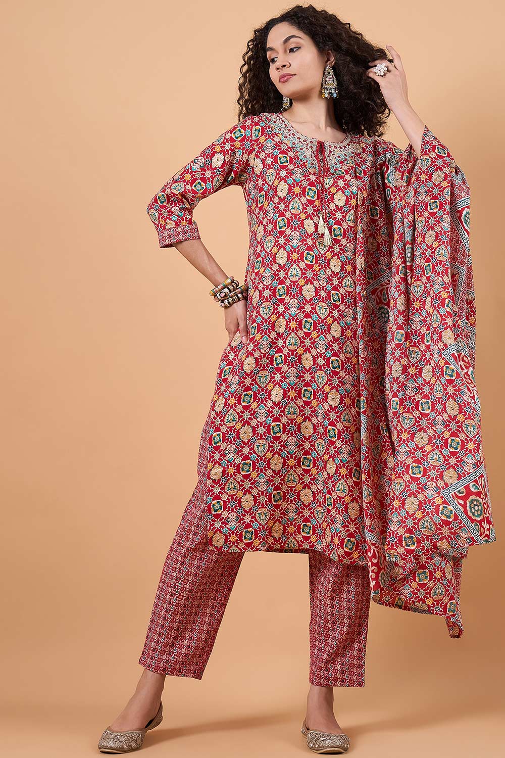 Women's Red Cotton Printed Kurti Set