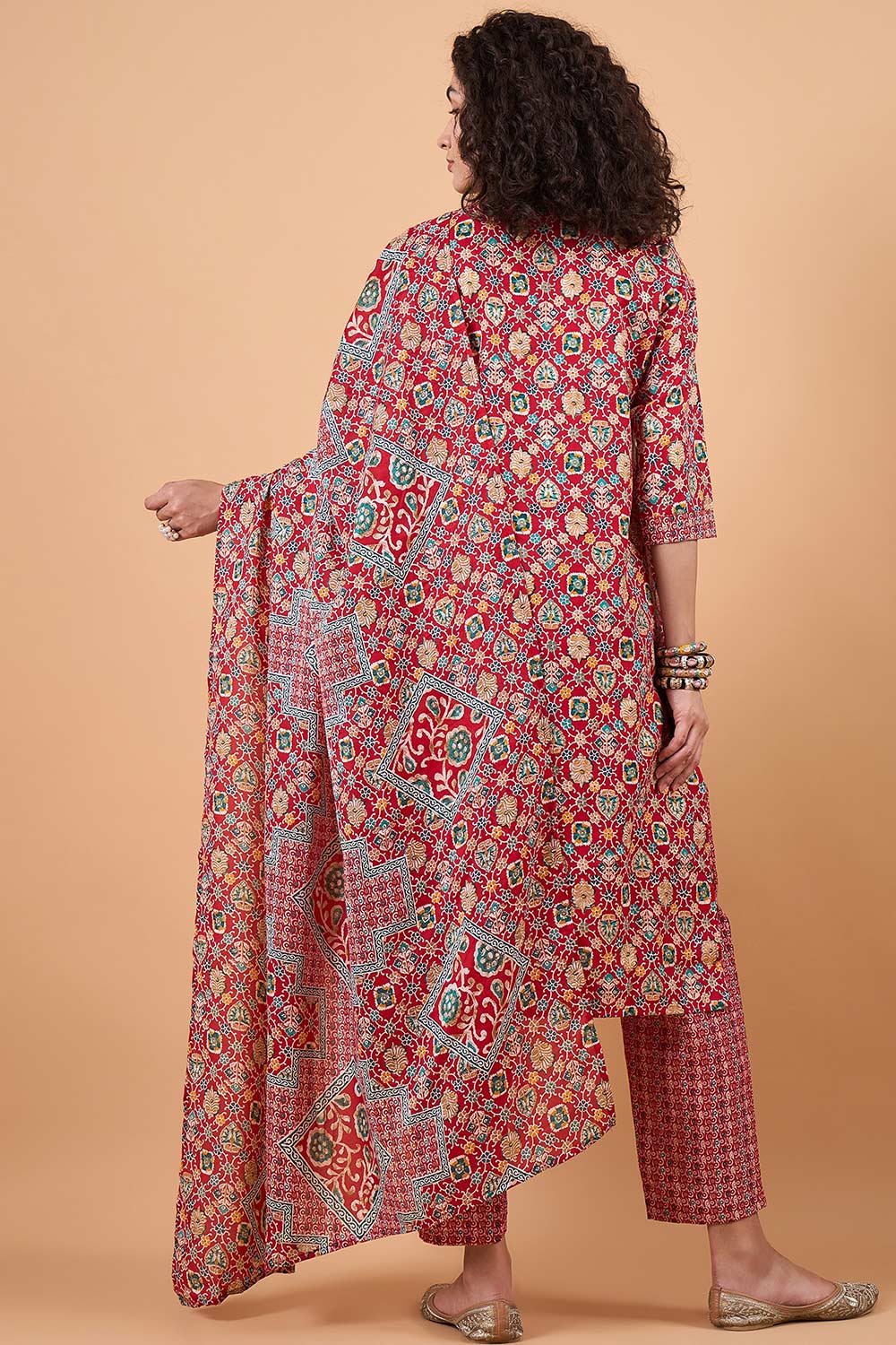 Women's Red Cotton Printed Kurta Set