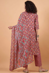 Women's Red Cotton Printed Kurti Set