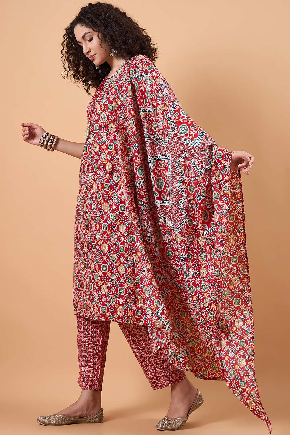 Women's Red Cotton Printed Kurta Set